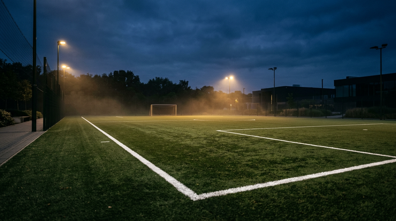 Football pitch under evening light